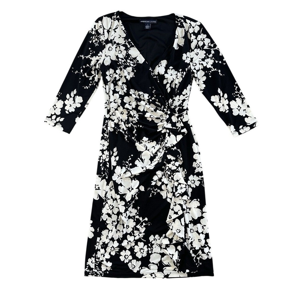 American Living Black White Floral Ruched Faux‎ Wrap Cocktail Dress Size 4 NWT